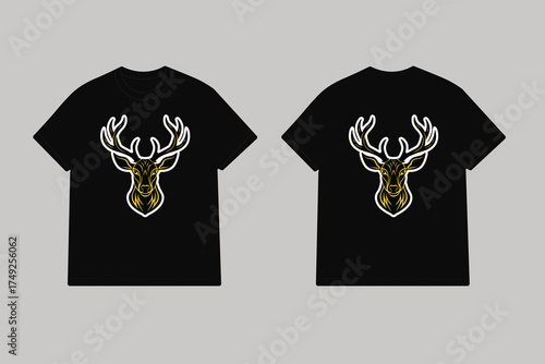 Black t shirt with yellow deer head design antlers