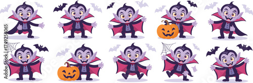 Cute Vampire Cartoon Character Collection Celebrating Halloween, Expressing Joyful Spooky Holiday Spirit in Various Poses with Pumpkins & Bats for Children's Party Invitations & Educational Material,