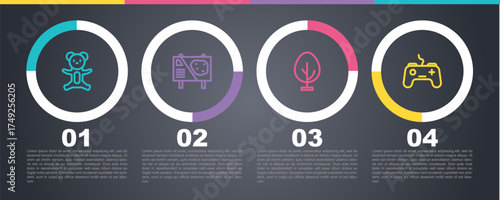 Set line Teddy bear plush toy, Amusement park billboard, Tree and Gamepad. Business infographic template. Vector
