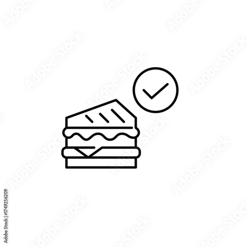 Sandwich and checkmark. Verified meal, safe delivery, order approved. Pixel perfect, editable stroke vector icon