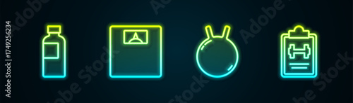 Set line Fitness shaker, Bathroom scales, Kettlebell and Sport training program. Glowing neon icon. Vector