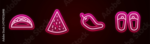 Set line Taco with tortilla, Nachos, Hot chili pepper pod and Flip flops. Glowing neon icon. Vector