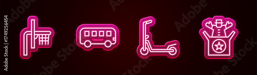 Set line Basketball backboard, Bus toy, Scooter and Jack in the box. Glowing neon icon. Vector