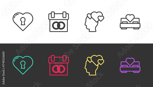 Set line Heart with keyhole, Calendar, Head heart and Bedroom on black and white. Vector