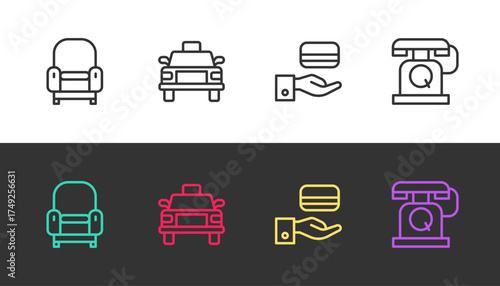 Set line Armchair, Taxi car, Digital door lock and Telephone handset on black and white. Vector