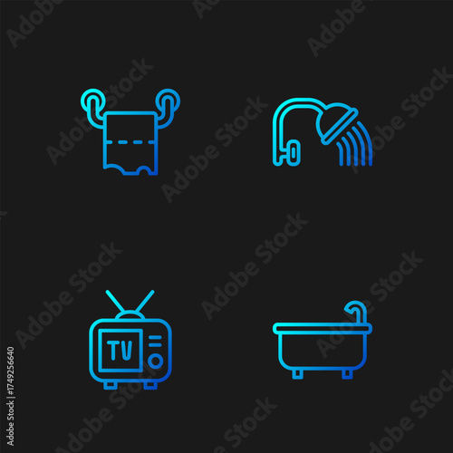 Set line Bathtub, Retro tv, Toilet paper roll and Shower head. Gradient color icons. Vector