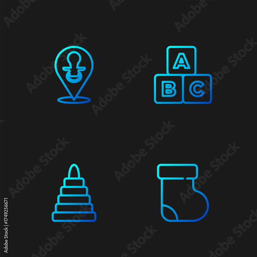 Set line Baby socks clothes, Pyramid toy, dummy pacifier and ABC blocks. Gradient color icons. Vector