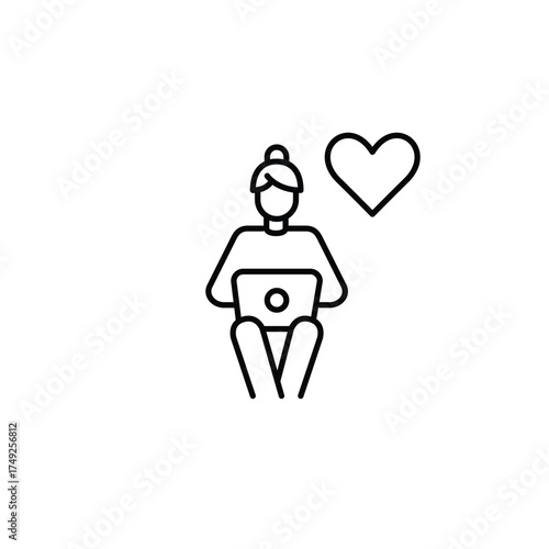 Woman working at laptop remotely and heart. Online freelance services. Pixel perfect, editable stroke vector icon