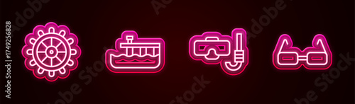 Set line Ship steering wheel, Beach pier dock, Diving mask and snorkel and Glasses. Glowing neon icon. Vector