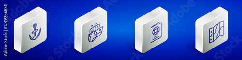 Set Isometric line Anchor, Cruise ship, Passport and Folded map icon. Vector