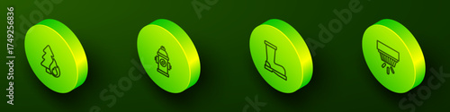 Set Isometric line Burning forest tree, Fire hydrant, boots and Smoke alarm system icon. Vector