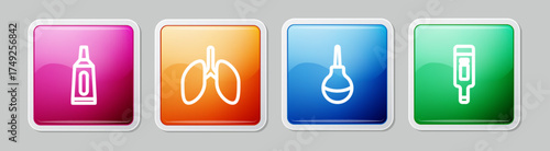 Set line Ointment cream tube medicine, Lungs, Enema and Digital thermometer. Colorful square button. Vector