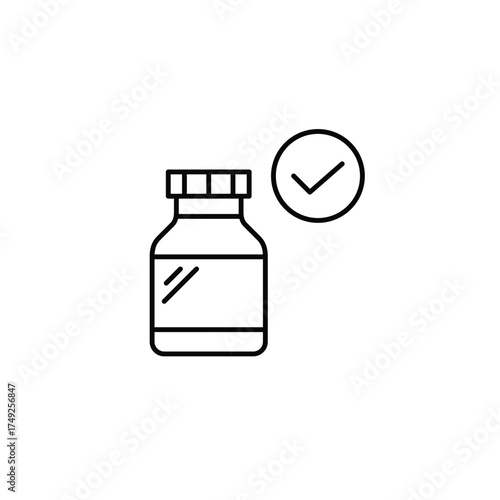 Bottle of pills and checkmark. Medication approval and safety. Pixel perfect, editable stroke vector icon