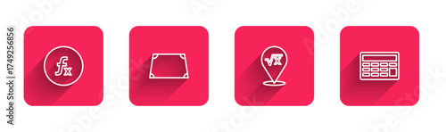 Set line Function mathematical symbol, Acute trapezoid shape, Square root of x glyph and Calculator with long shadow. Red square button. Vector