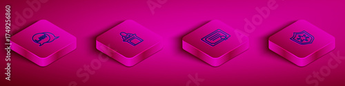 Set Isometric line Law, Judge, Certificate template and Police badge icon. Vector