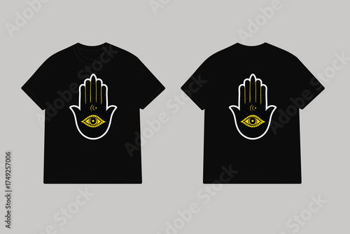 Black t shirt with yellow eye hand symbol hamsa evil eye