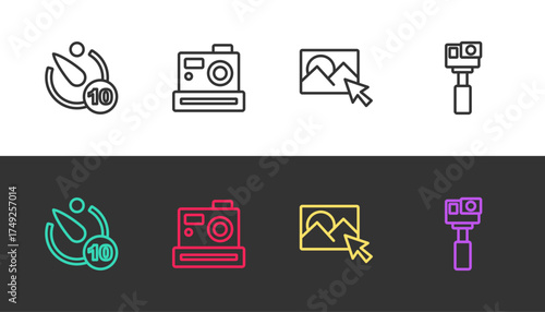 Set line Camera timer, Photo camera, retouching and Action on black and white. Vector