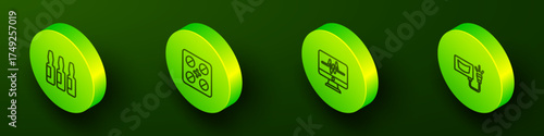 Set Isometric line Medical vial, ampoule, Pills in blister pack, Monitor with cardiogram and Ultrasound icon. Vector