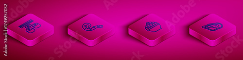 Set Isometric line Sushi, Octopus of tentacle, Caviar and Mussel icon. Vector