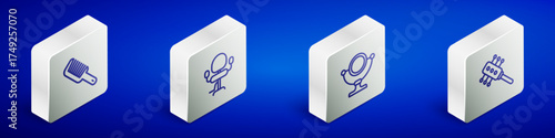 Set Isometric line Hairbrush, Barbershop chair, Round makeup mirror and icon. Vector