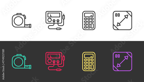 Set line Roulette construction, Multimeter, voltmeter, Calculator and Diagonal measuring on black and white. Vector