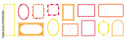 Colorful geometric decorative frames collection isolated on white background, set of retro vintage borders in rectangle square oval arch shape design template scrapbook poster invitation decoration