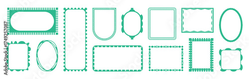 Green minimal stamp frames. Hand drawn ornate rectangular oval shapes. Vintage scallop label border template. Abstract retro postcard invitation placard set. Doodle line sketch coastal frame set
