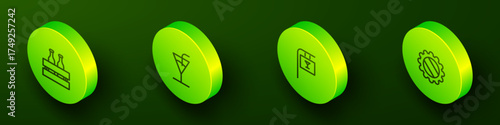 Set Isometric line Pack of beer bottles, Cocktail, Street signboard with Bar and Bottle cap icon. Vector