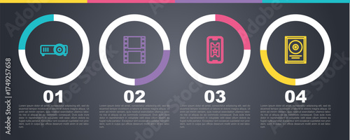 Set line Movie, film, media projector, Play video, Buy cinema ticket online and CD disk award frame. Business infographic template. Vector