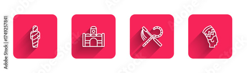 Set line Egypt mummy, Egyptian house, Crook and flail and Nefertiti with long shadow. Red square button. Vector