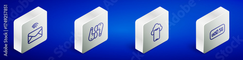 Set Isometric line Mail and e-mail, Air headphones, Cloud technology data and 5G wireless internet icon. Vector