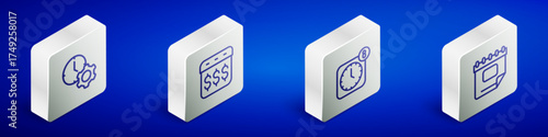 Set Isometric line Time management, Payday, calendar with dollar, Alarm clock app mobile and Calendar icon. Vector