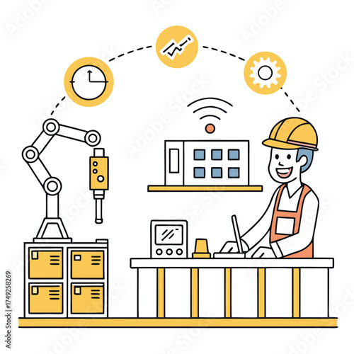 Industrial Automation Vector with Worker and Robotic Arm Illustration