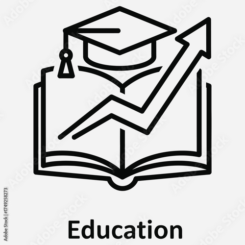 Line art icon illustrating academic achievement and the increasing value of education with a graduation cap, book, and growth arrow
