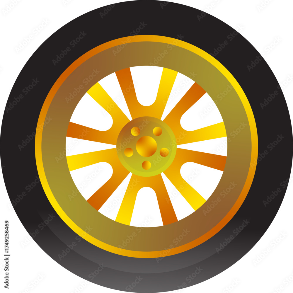 Fototapeta premium Illustration of a Golden Car Wheel and Tire