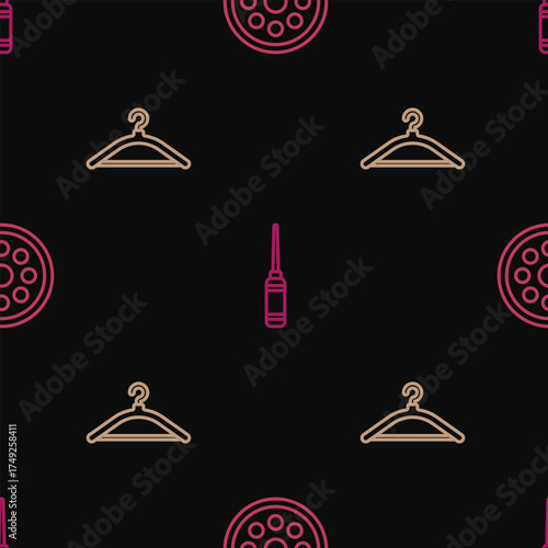 Set line Sewing button, Hanger wardrobe and Awl tool on seamless pattern. Vector
