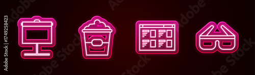 Set line Projection screen, Popcorn in box, Online play video and 3D cinema glasses. Glowing neon icon. Vector