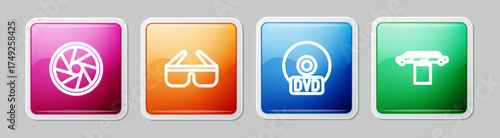 Set line Camera shutter, 3D cinema glasses, CD or DVD disk and Limousine car and carpet. Colorful square button. Vector