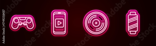 Set line Gamepad, Online play video, Vinyl disk and Sewing thread on spool. Glowing neon icon. Vector
