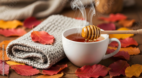 Cup of tea with honey and lemon on a knitted blanket, cozy autumn morning at home