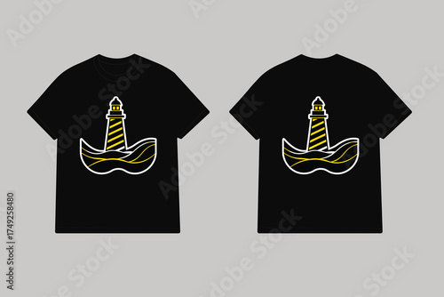 Black t shirt with yellow lighthouse and waves graphic