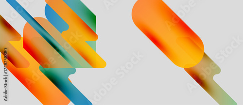 Abstract shapes overlap, creating vibrant color gradients. Orange, teal, blue blend smoothly against light background. Modern design.