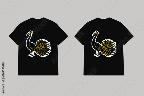 Black t shirt with yellow peacock design vector