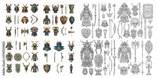 Detailed set of samurai armors, helmets, and traditional Japanese weapons including swords, bows, and shields in color and sketch versions. Ideal for culture, history, and art design.