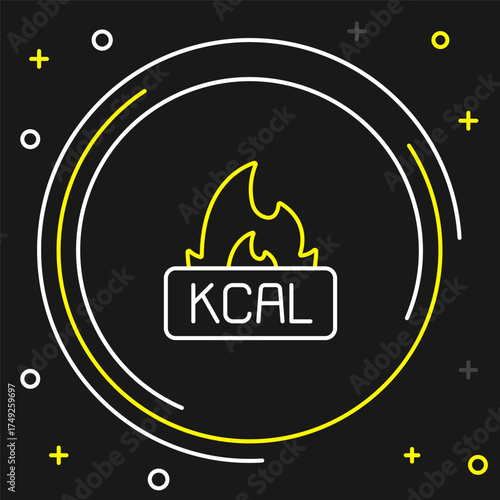 Line Kcal icon isolated on isolated on black background. Health food. Colorful outline concept. Vector