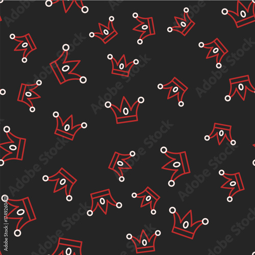 Line Jester hat with bells isolated seamless pattern on black background. Clown icon. Amusement park funnyman sign. Vector