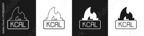 Set Kcal icon isolated on isolated on black and white background. Health food. Vector