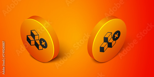 Isometric No sugar free icon isolated on orange background. Sugar cubes. Sweet, nutritious, tasty. Refined sugar. Orange circle button. Vector