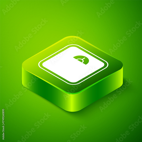 Isometric Bathroom scales icon isolated on green background. Weight measure Equipment. Weight Scale fitness sport concept. Green square button. Vector