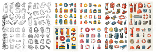 Set of maritime safety tools and navigation gear including lifebuoys, anchors, lamps, and ropes in color and sketch versions. Suitable for nautical, marine, or rescue themed design projects.